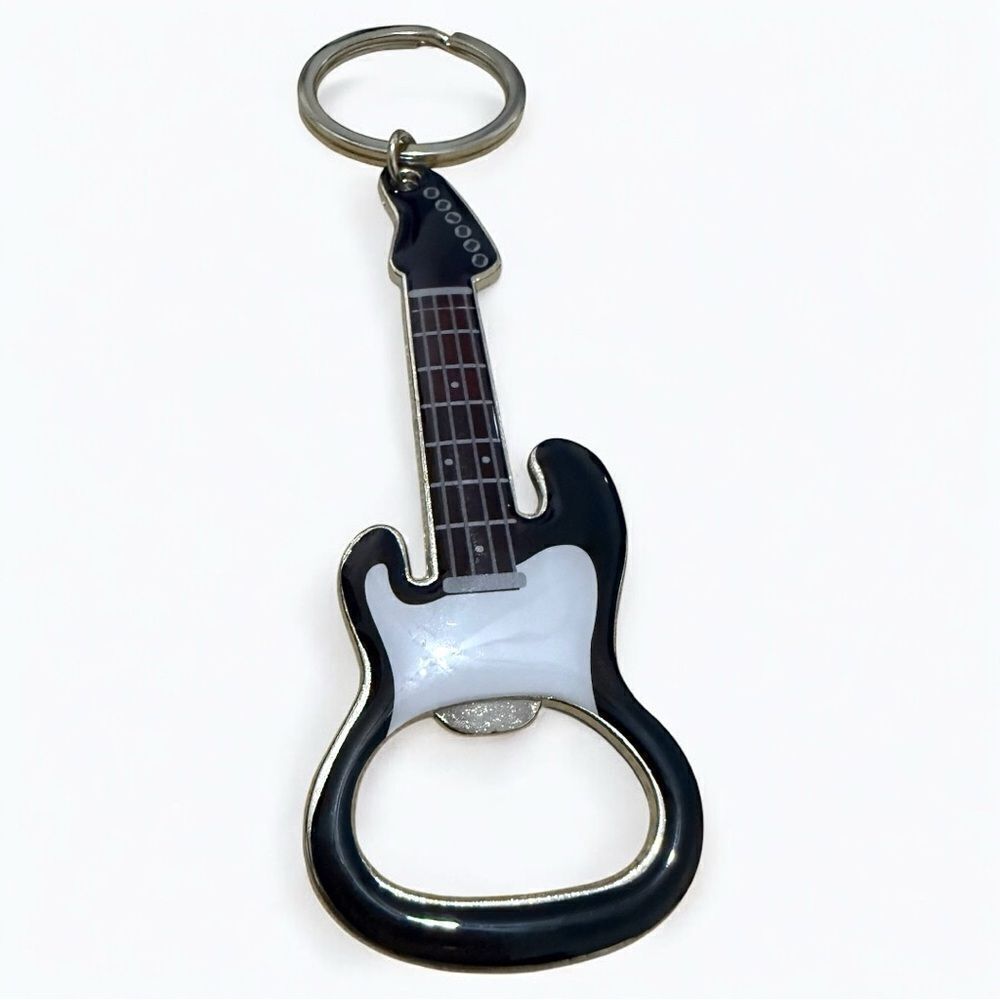 Electric Guitar Keychain Bottle Opener – Rock Music Lover Gift in Black & Silver